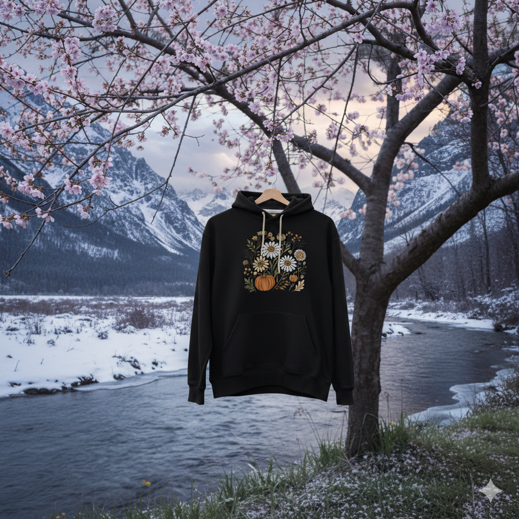 Black Premium Cotton Printed Hoodie – Floral Pumpkin Design