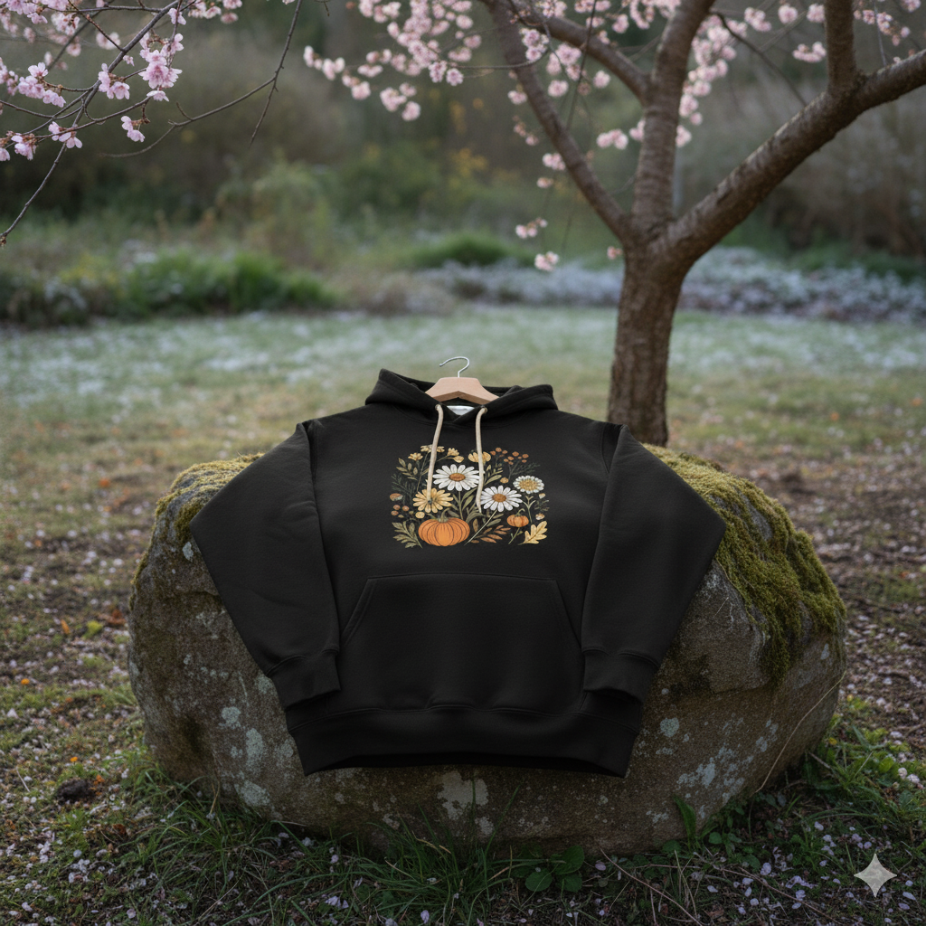 Black Premium Cotton Printed Hoodie – Floral Pumpkin Design