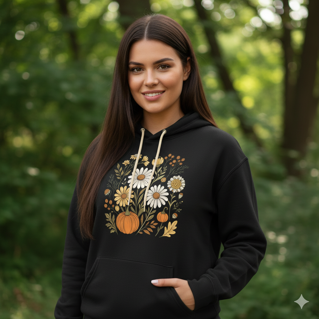 Black Premium Cotton Printed Hoodie – Floral Pumpkin Design