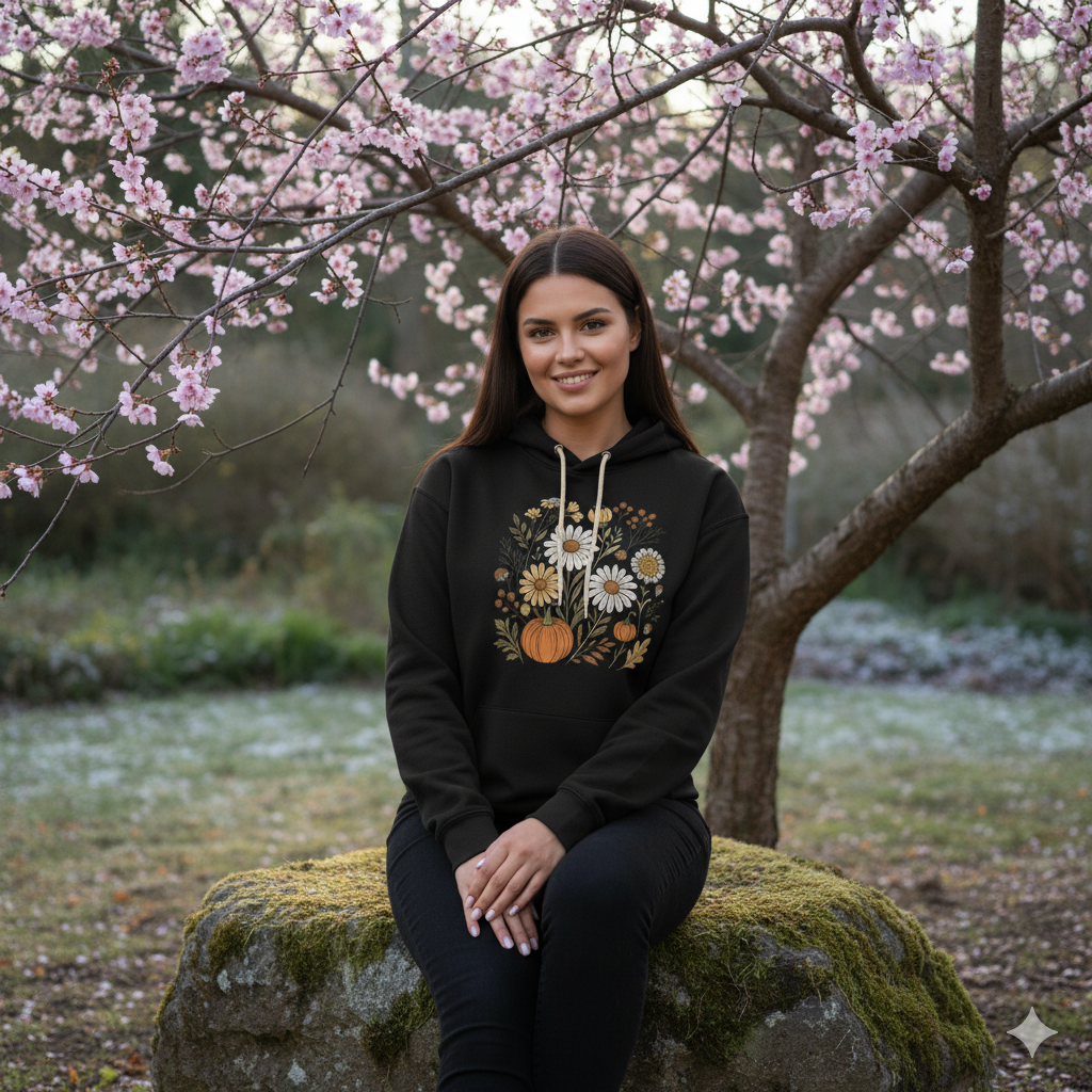 Black Premium Cotton Printed Hoodie – Floral Pumpkin Design