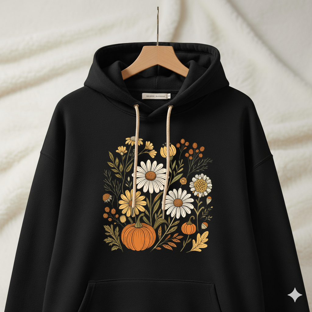 Black Premium Cotton Printed Hoodie – Floral Pumpkin Design