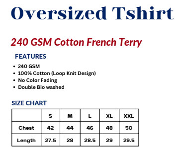 Oversized tshirt feature card with size chart on a white background